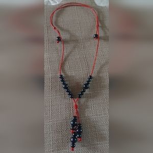 New Handmade Adjustable Dark Peacock Pearl & Red Leather Necklace